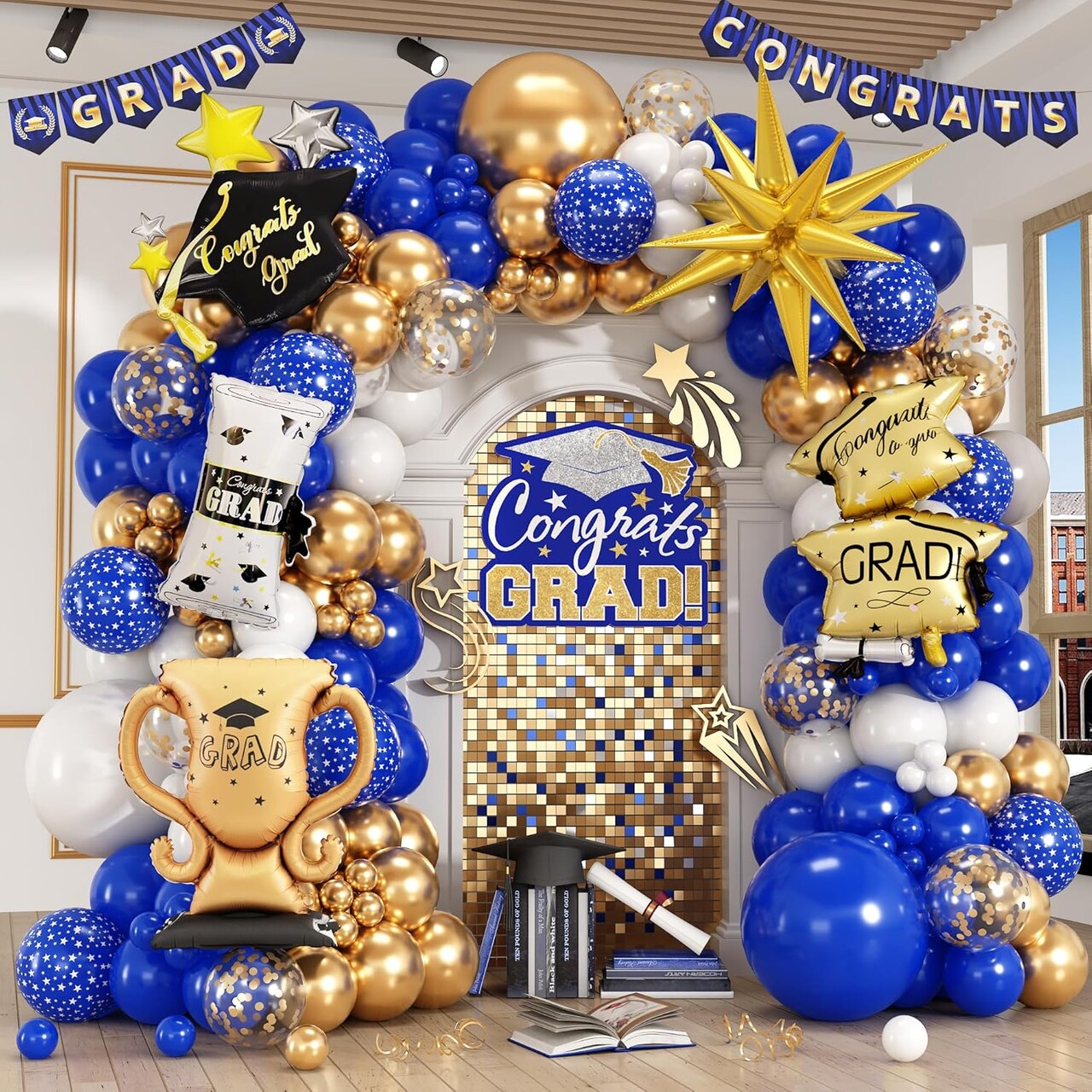123Pcs Royal Blue and Gold Graduation Balloon Arch Kit 2026 - Navy White Latex Garland with Explosion Star, Trophy, Diploma & Grad Hat Foil Balloons - Class of 2026 Party Decorations